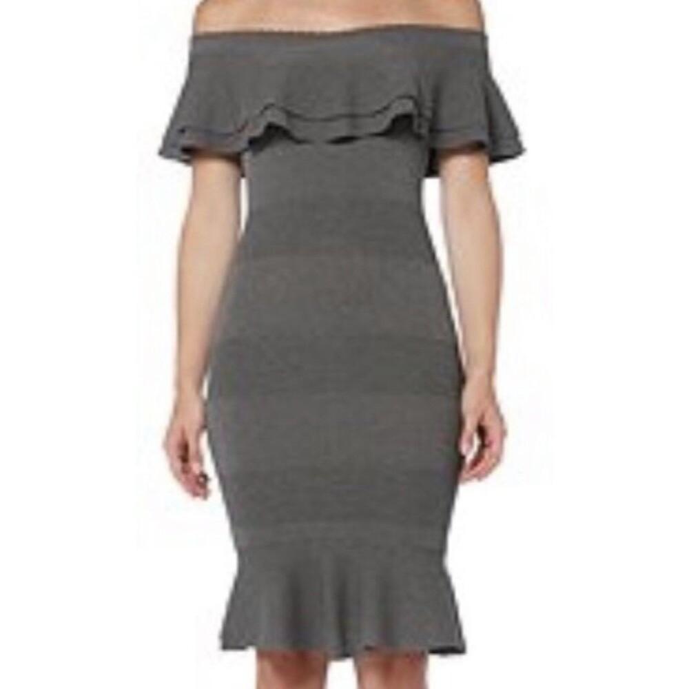 NWT Endless Rose Knit Dress Gray Off Shoulder Ruffle Flare Body con Size S